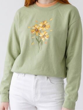 Sage Green Floral Crewneck Sweatshirt - Women's Casual Pullover